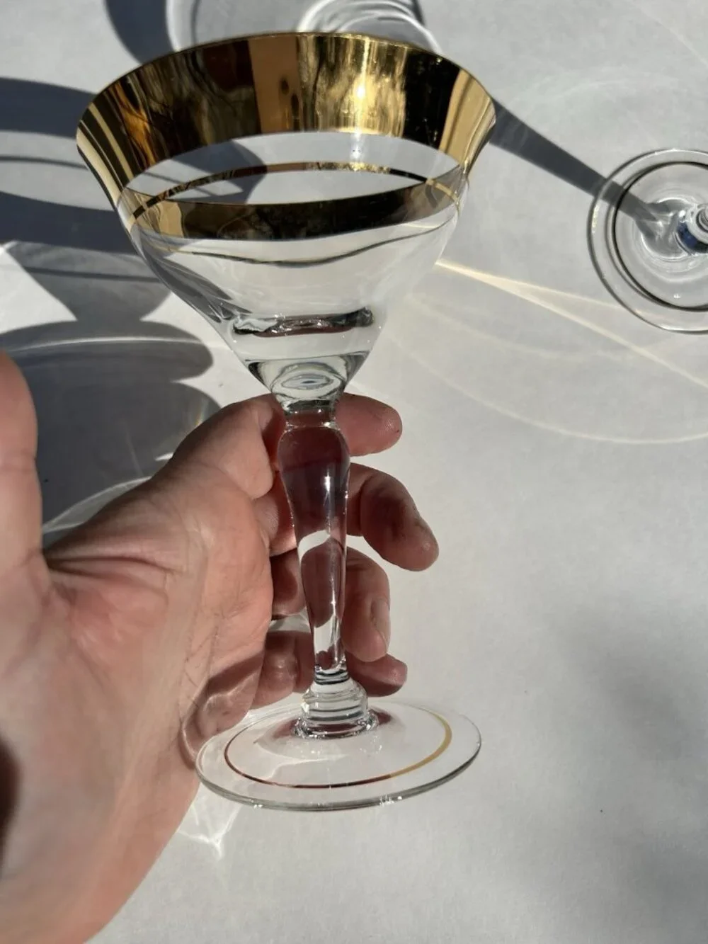 Vintage Set of Two Large Blown Glass Champagne Coupe Wide Gold Rim Glasses MCM